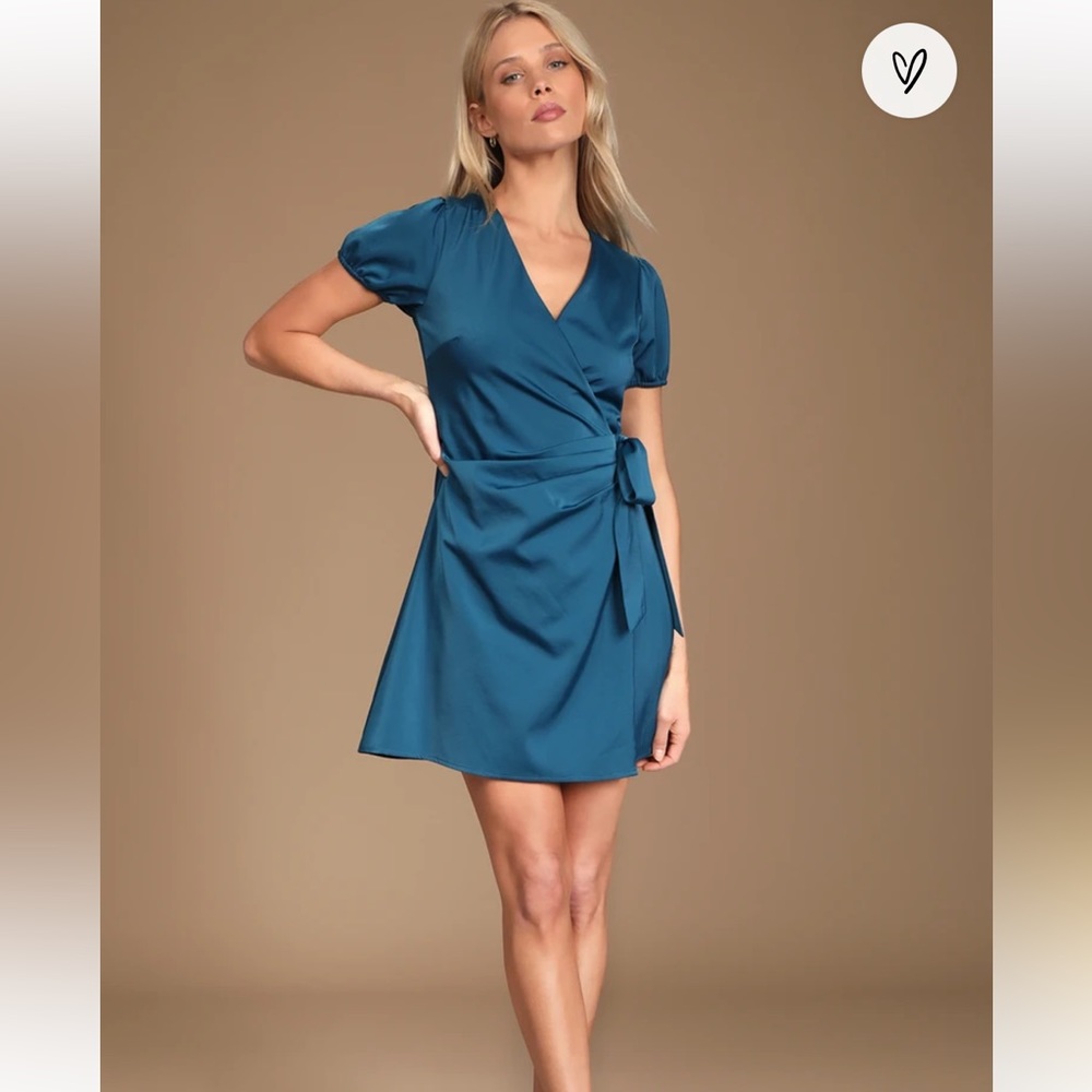 Lulus Latest Love Teal Satin Puff Sleeve Wrap Mini Wedding Guest Dress Medium
